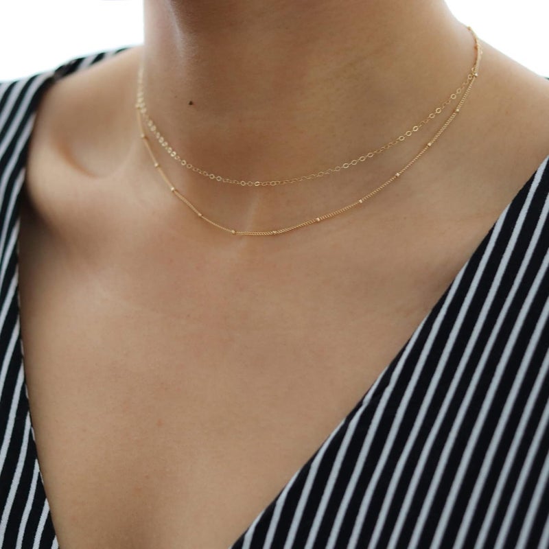 Tewiky Gold Chain Necklace for Women, 14k Gold Plated Thin Beaded Wave Box Chain Necklace Dainty Gold Necklace Simple Layered Gold Choker Necklaces Minimalist Gold Link Chain Necklace Trendy Jewelry for Women - Image 3